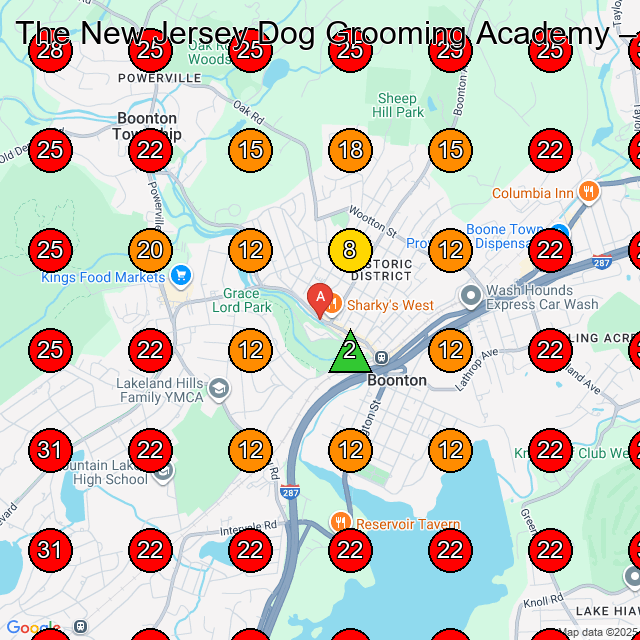 The New Jersey Dog Grooming Academy GeoGrid visibility map for Pet Groomer in Riverdale